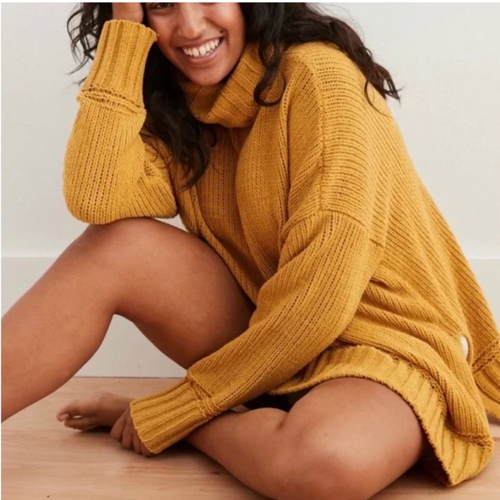 Aerie Oversized Chenille Turtleneck Sweater Mustard Yellow Size XS